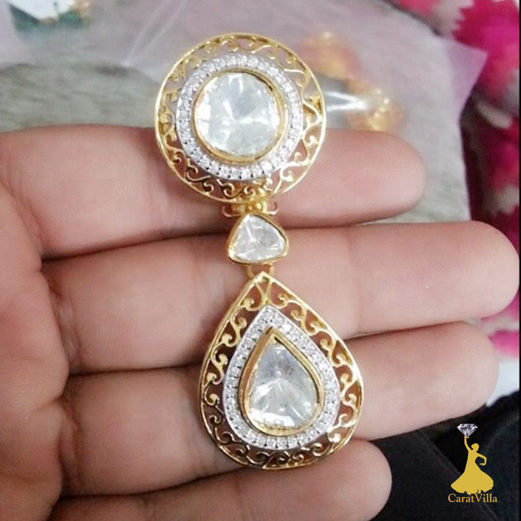 Polki Ear Drops Gold Diamond design